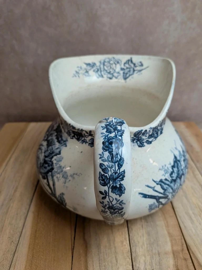 Kleine ronde oude aardenwaren karaf – Blauw bloemendecor – photo 4